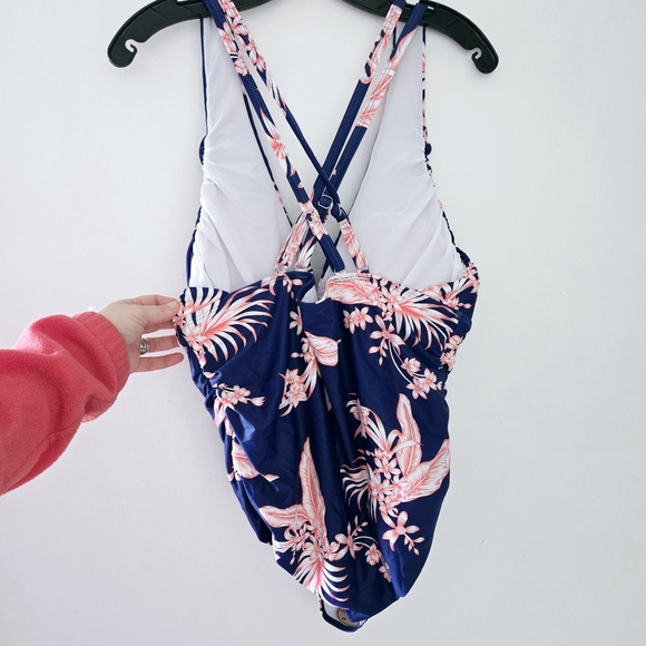 You Di An Blue Floral One Piece Swimsuit Crisscross Back - Picture 3 of 5